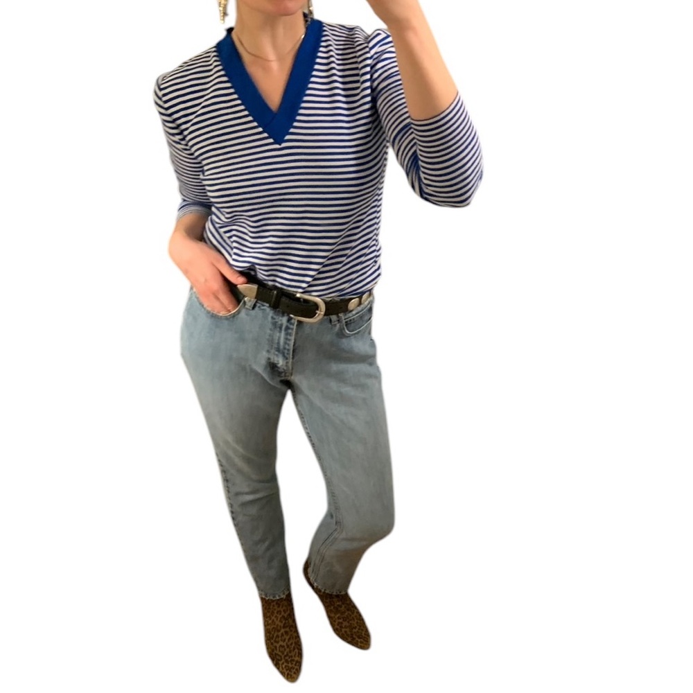 VTG Blue White Stripe V Neck Knit Pullover Sweater Jumper Academia Prep XS S M - Picture 4 of 16